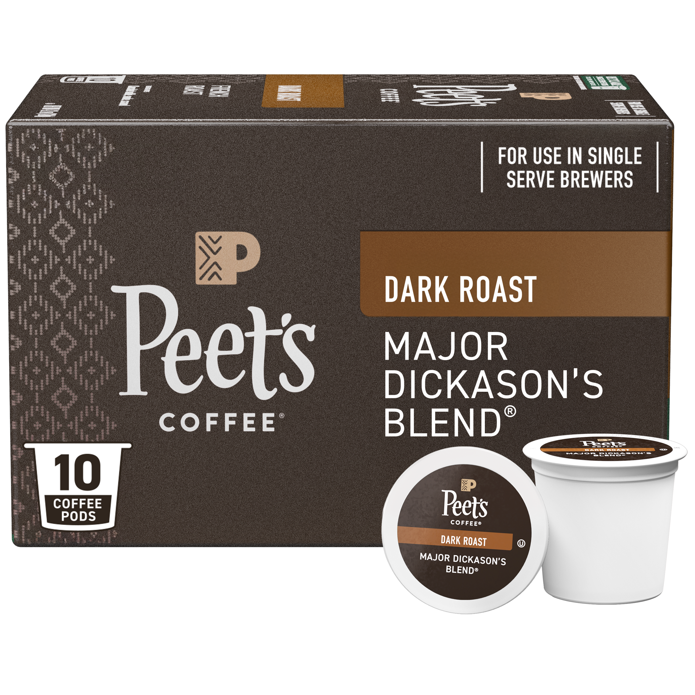 Box of Peet's Coffee Dark Roast Major Dickason's Blend coffee pods with a single pod displayed.